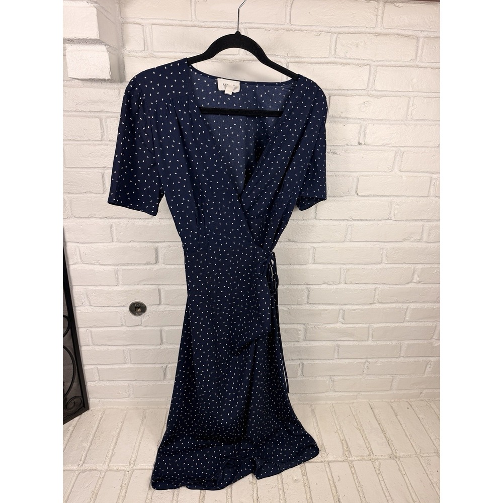 Everly Womens M Navy White Dot Wrap Midi Dress Tie Waist V Neck Short Sleeve